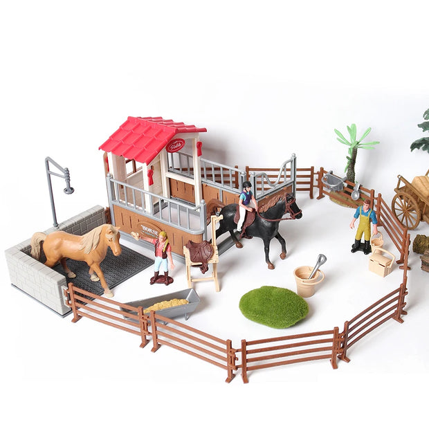 Farm Stable Riding School with Riders and Horses,Horseman with Foals Playset Model Animal Figurine Christmas Birthday Gift