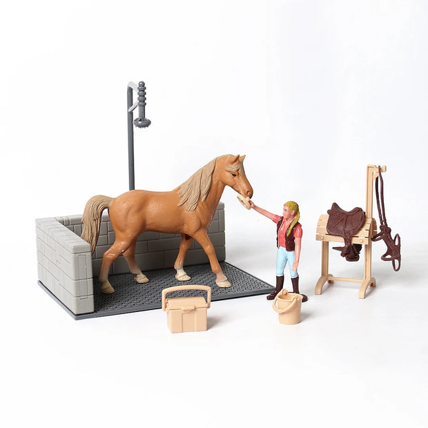 Farm Stable Riding School with Riders and Horses,Horseman with Foals Playset Model Animal Figurine Christmas Birthday Gift