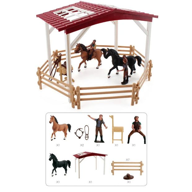 Farm Stable Riding School with Riders and Horses,Horseman with Foals Playset Model Animal Figurine Christmas Birthday Gift
