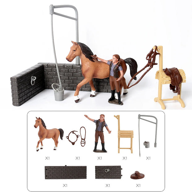 Farm Stable Riding School with Riders and Horses,Horseman with Foals Playset Model Animal Figurine Christmas Birthday Gift