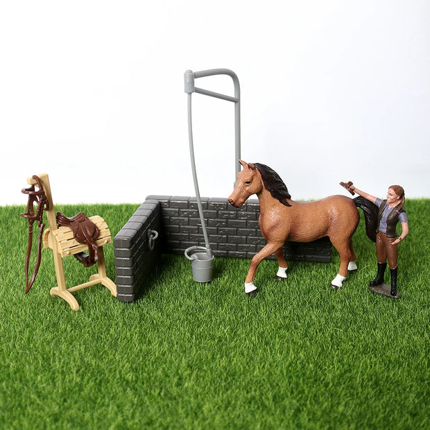 Farm Stable Riding School with Riders and Horses,Horseman with Foals Playset Model Animal Figurine Christmas Birthday Gift