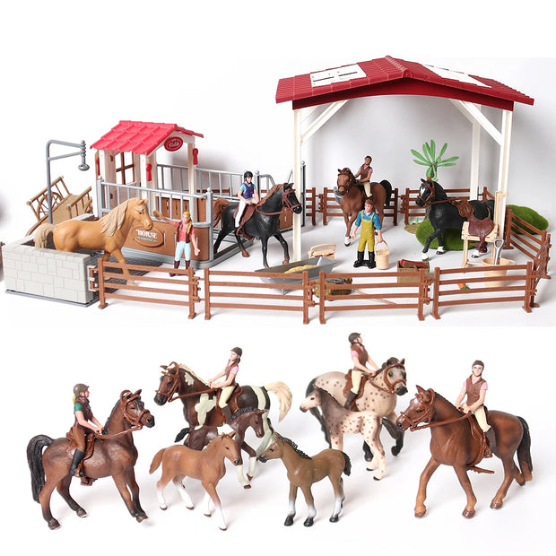 Farm Stable Riding School with Riders and Horses,Horseman with Foals Playset Model Animal Figurine Christmas Birthday Gift