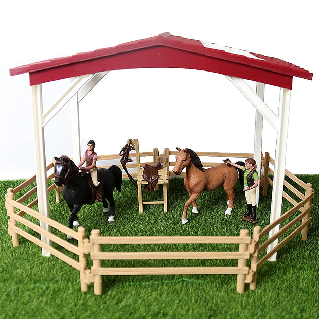 Farm Stable Riding School with Riders and Horses,Horseman with Foals Playset Model Animal Figurine Christmas Birthday Gift