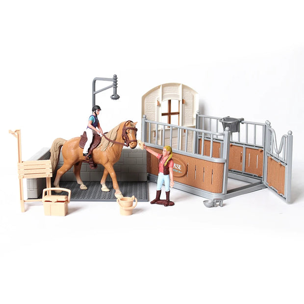 Farm Stable Riding School with Riders and Horses,Horseman with Foals Playset Model Animal Figurine Christmas Birthday Gift