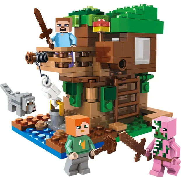 12 Style TreeHouse Village Farm Cave Mine Alex Zombie Action Figures Building Blocks Toys Gift for Children